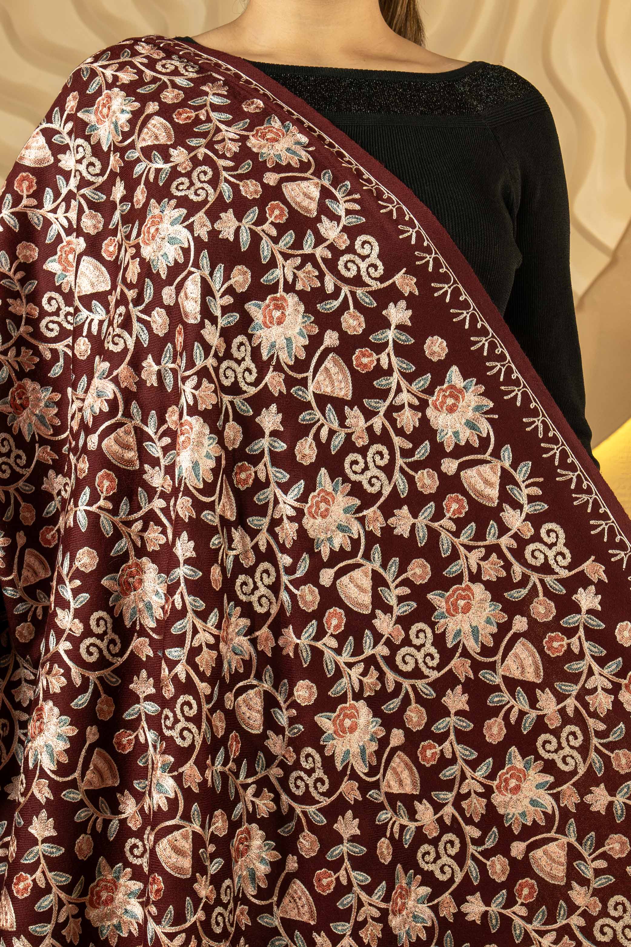 Aari Embroidered Maroon Pure Wool Shawl For Women